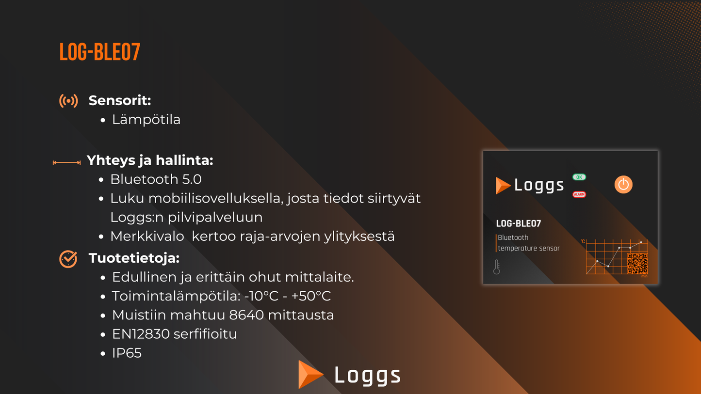 Log-BLE07: Mobiililaitteella luettava lämpötilan mittalaite [hinta sis. laitteen ja pilvipalvelun]